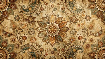 Intricately ornate, distressed vintage design elements, including florals, paisley, and geometric patterns, in muted earth tones, evoke a nostalgic and timeless aesthetic on a worn background.