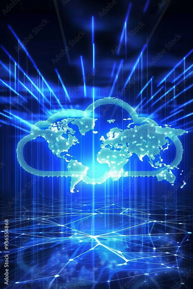 Poster global network connectivity abstract blue cloud, world map, and data streams on dark background