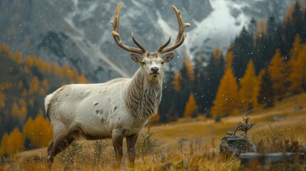 A majestic stag stands proudly amidst a vibrant autumn landscape, surrounded by orange and yellow foliage in the mountains during a gentle snowfall