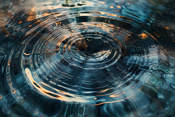 Close-up of rippling water reflecting golden and blue hues, creating a serene and calming atmosphere.