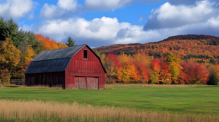 Obraz premium Vermont Barn. Iconic Bragg Barn in Waitsfield Amidst Tranquil Foliage Landscape
