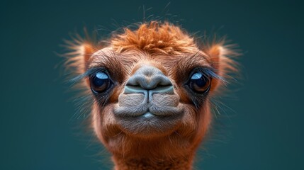 Fototapeta premium A close-up portrait of a young camel with expressive eyes against a blurred background highlighting its playful nature