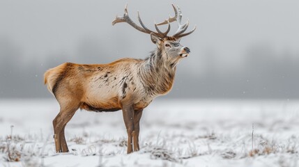 Fototapeta premium A majestic stag stands in a snowy field during winter, showcasing its impressive antlers against a soft, gray sky