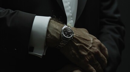 A man in formal attire showcases a luxury black watch on his wrist, highlighting the intricate design against the backdrop of soft lighting. The setting exudes elegance and sophistication