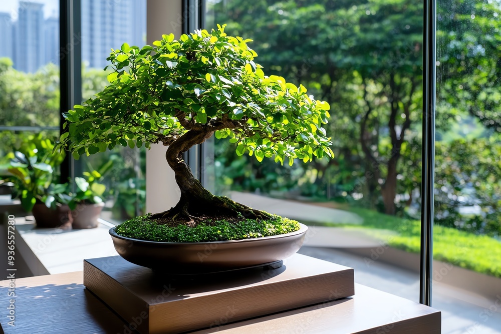 Aufkleber a bonsai tree in a minimalist indoor garden, with natural light streaming through large windows, hig