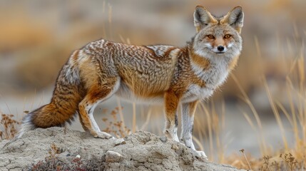 Obraz premium A cautious fox stands on a rocky outcrop in a dry grassland, surveying its surroundings in the early morning light, capturing the essence of wildlife in its natural habitat