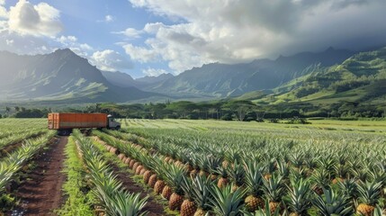 Lush pineapple fields stretch towards distant mountains, where trucks are busy transporting fresh pineapples under a vibrant sky filled with clouds