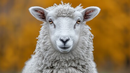 Obraz premium A close-up of a woolly sheep with a soft expression against a vibrant autumn backdrop showcasing orange and yellow hues