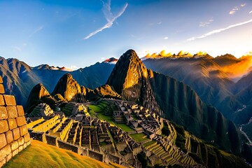 Sunset over Machu Picchu ruins, Peru
