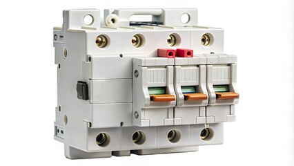 Isolated close-up of a modern electrical circuit breaker switch on a white background, highlighting the device's intricate mechanisms and safety features.