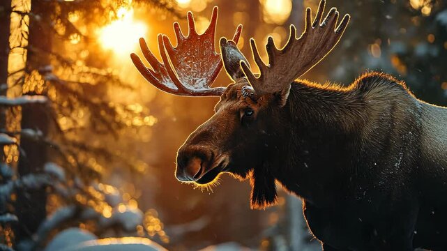 Close-up of moose in a snowy forest at sunrise. Wildlife, nature and habitat. Winter wilderness scene. Elk in snowy wood
