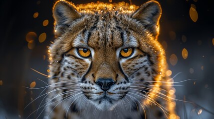 Fototapeta premium A close-up of a majestic cheetah in the wild, showcasing its detailed fur patterns and striking golden eyes against a softly blurred background during twilight