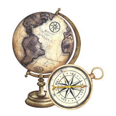 Vintage globe and retro compass. A hand-painted watercolor illustration of an ancient model of the earth on a wooden stand and an antique compass. For banners, flyers, posters. For print, sticker. © ANTONINA MASLOVA
