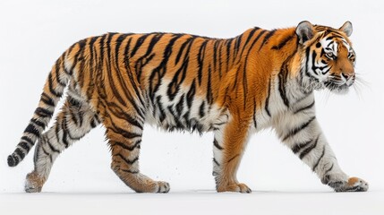 Fototapeta premium A majestic tiger walks confidently across a snowy landscape, showcasing its vibrant orange and black stripes against a stark white background