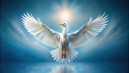 Fototapeta premium isolated white bird spreads majestic wings against a soft blue background, showcasing delicate feathers and intricate details in a serene and peaceful atmosphere.