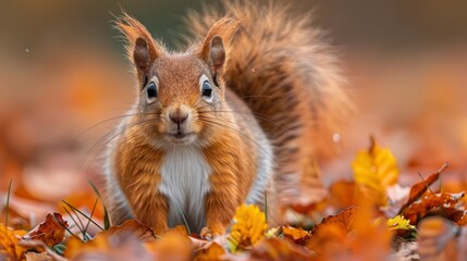 Obraz premium A curious squirrel stands among colorful autumn leaves, showcasing its bushy tail and bright fur in a vibrant forest setting during the fall season