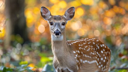 A young spotted deer stands alert in a vibrant autumn forest filled with colorful foliage, basking in soft sunlight during a serene afternoon