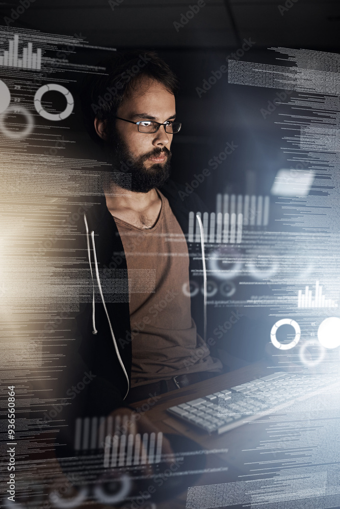 Aufkleber Man, data and night with overlay on computer for future development, analytics or statistics at office. Male person or programmer working late on futuristic technology, hud or dashboard for analysis