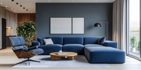 Interior design of modern living room, Dark blue sofa and recliner chair in scandinavian apartment