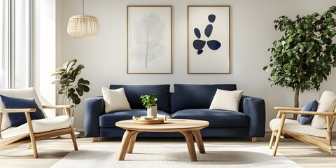 Fototapeta premium Interior design of modern living room, Dark blue sofa and recliner chair in scandinavian apartment
