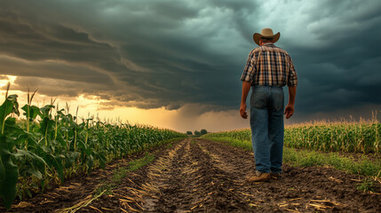 Fototapeta premium Farmer Observing Stormy Sky Over Cornfield, Agriculture, Nature