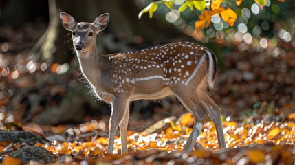 Adorable young deer standing gracefully among autumn leaves in a serene forest setting during the golden hour