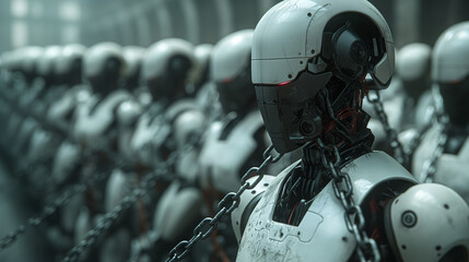 Fototapeta premium Row of chained humanoid robots in a dystopian setting.