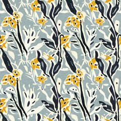 Naklejka premium Modern printed fabric wildflower blockprint pattern with linen fabric textures. Stylized hand drawn boho dark florals for decorative design elements in repeatable background tile.