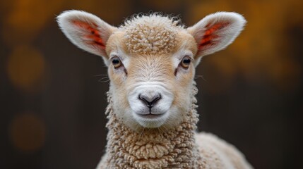 Obraz premium A young sheep stands still in a serene pasture, showcasing its fluffy coat and curious expression against a softly blurred autumn background
