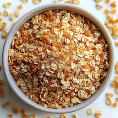 Steel-cut oats on solid white background, single serving, high quality studio lighting