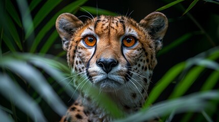 A close-up of a jaguar gazing through lush greenery in its natural habitat during daylight, showcasing its striking orange eyes and distinctive spotted coat