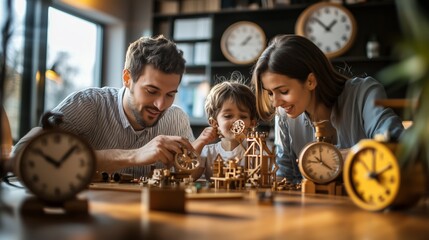 A family enjoys an afternoon of creativity by building intricate wooden models in their cozy living room surrounded by clocks