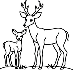 set of deer line art with baby