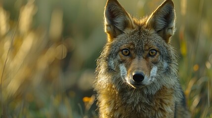 Obraz premium A close-up view of a coyote in a sunlit field during golden hour showcasing its sharp features and attentive gaze in a natural setting