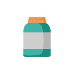 Container of green supplement powder placed on a clean white background