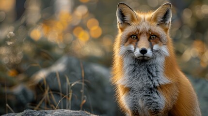 Fototapeta premium A majestic red fox sits gracefully among stones and autumn foliage in a serene forest setting during golden hour, showcasing its striking fur and keen expression