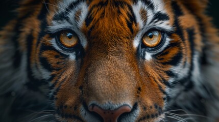 A close-up view of a tiger's face showcasing its striking orange and black fur, intense eyes, and intricate patterns, highlighting the majestic beauty of wildlife