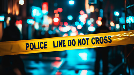 Yellow "Police Line Do Not Cross" tape cordons off a nighttime crime scene with blurred city lights in the background, creating a tense atmosphere.
