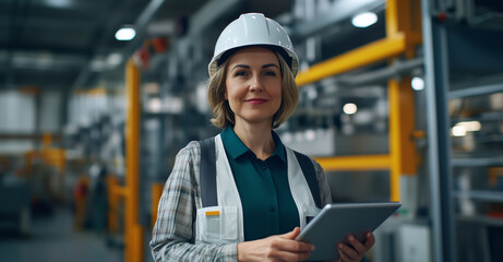 A confident middle-aged female engineer wearing a white hard hat and safety vest holds a tablet while standing in a modern factory environment. The image emphasizes professionalism, technology
