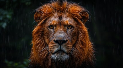 Fototapeta premium Majestic lion with a striking mane gazes intensely in the rain at dusk, surrounded by a dark, lush forest backdrop