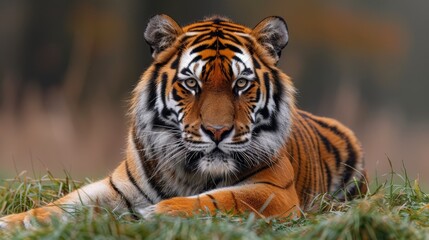 A majestic tiger rests on the grass in a serene natural habitat during the early morning hours, showcasing its striking orange fur and distinctive black stripes