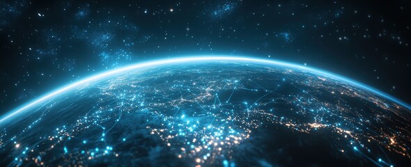 Obraz premium Earth's virtual system visualization with international grids and info flows in a web banner