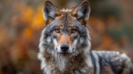 Obraz premium A majestic wolf gazes intently during autumn in a forest, showcasing its striking features and beautiful fur in a serene natural setting
