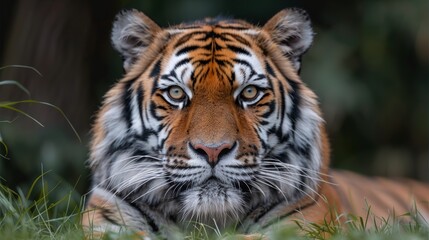 Fototapeta premium A majestic tiger rests in lush greenery, showcasing its striking fur patterns and intense gaze during the early morning light in a natural habitat