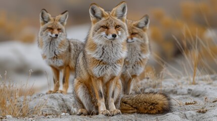 Obraz premium A group of three foxes stands together in a natural habitat during early morning, showcasing their curious expressions and warm fur against a soft backdrop of grass