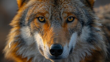 Obraz premium Close-up view of a wild wolf with striking golden eyes gazing intently into the distance in a natural habitat during twilight hours