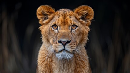 Obraz premium Young lion gazes intensely at the camera with golden fur, standing against a dark blurred background in a natural setting during the day