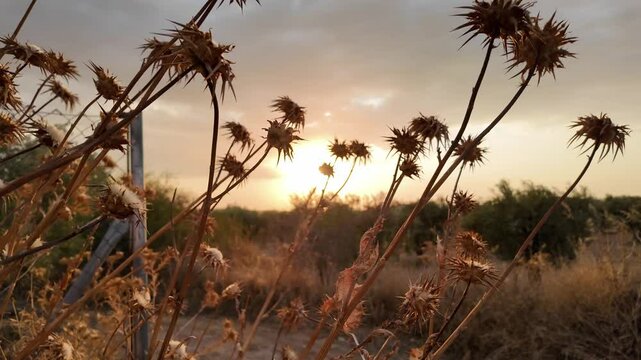 Paisaje dorado con el sol de atardecer en verano con espigas moviendose por el viento, imagen de relax y paz
