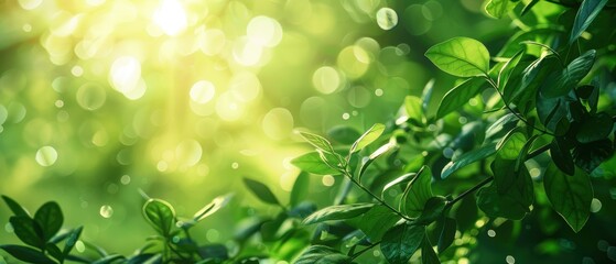 Obraz premium Sunlight filters through lush green leaves creating a vibrant, bokeh-filled background, Ideal for nature, wellness, and eco-friendly projects conveying freshness and tranquility,