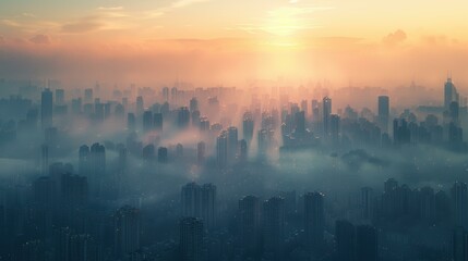 Fototapeta premium Aerial view of a city skyline shrouded in morning fog with a stunning sunrise, Ideal for urban development presentations, climate studies, or inspirational posters,